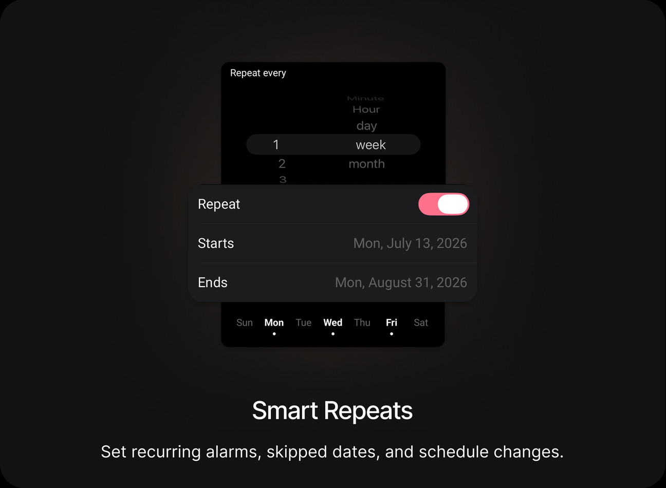 Smart Repeats — set recurring alarms, skipped dates, and schedule changes