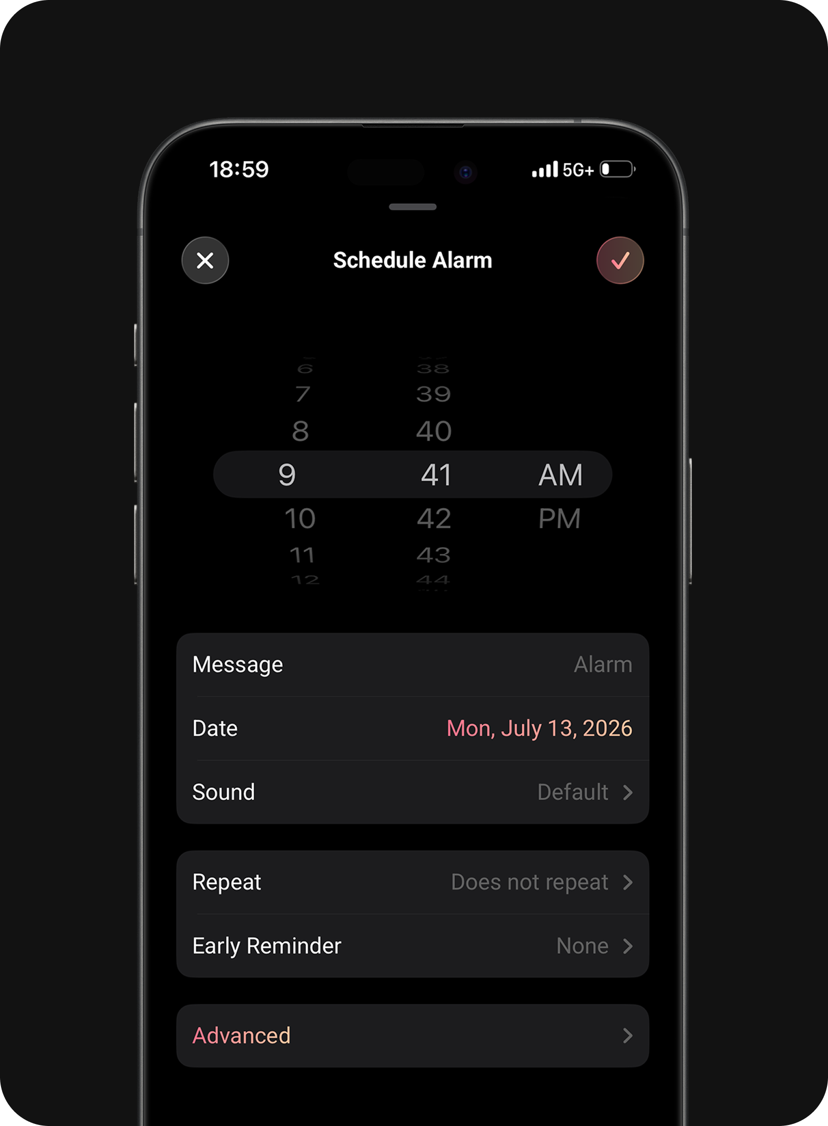 Schedule Alarm screen with time picker