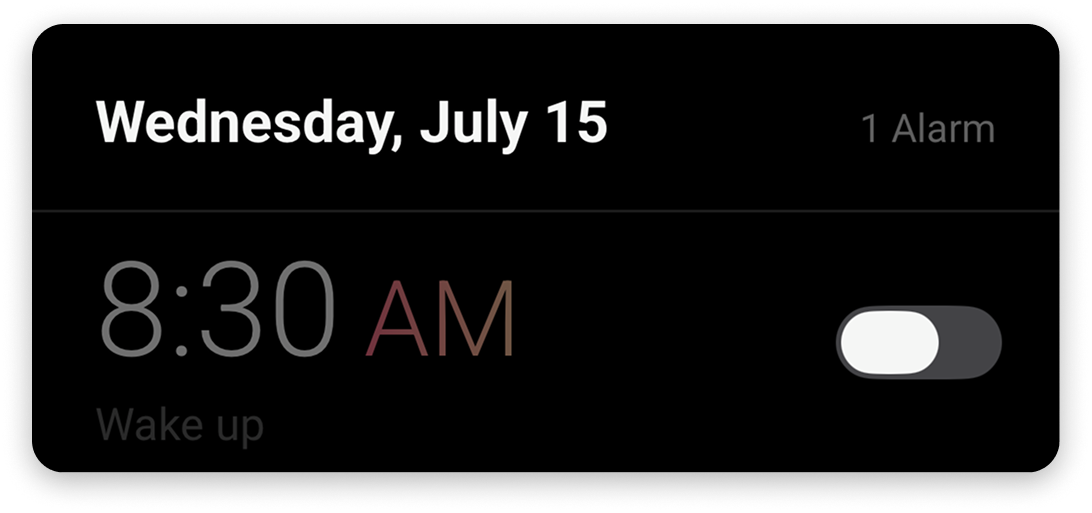 Alarm card for Wednesday, July 15