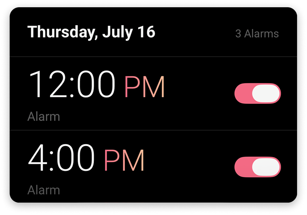 Alarm list card for Thursday, July 16